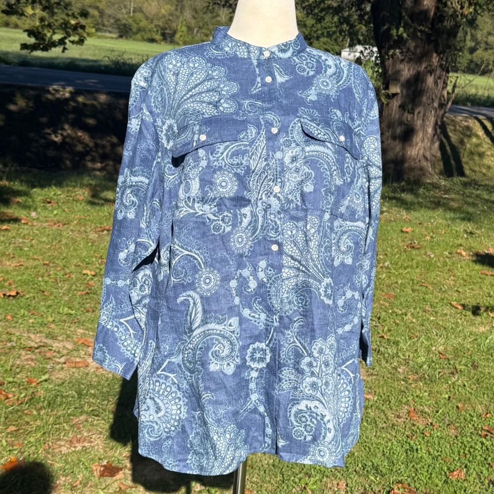 Lauren Ralph Lauren Blue Paisley 100% Linen Button Down Tunic Shirt 2X Resort